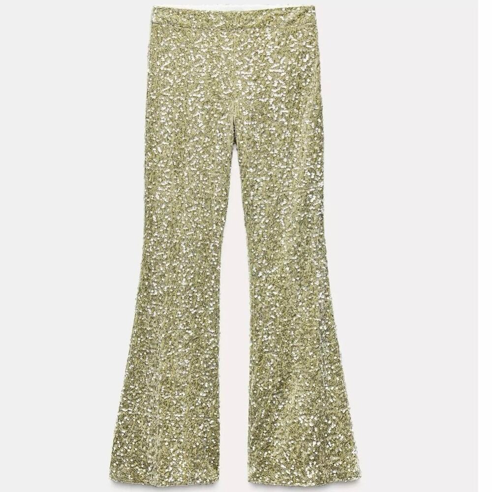 ZARA Flared Sequin Mint Pants Women Small 4-6